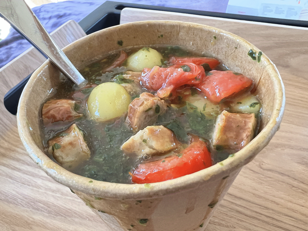 pot mess AKA stew with sausages, spinach and cherry tomatoes